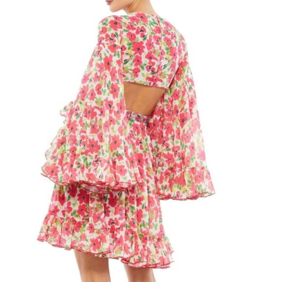 Mac Duggal Floral Cut Out Mini Dress Long Bell Sleeves Size 0 New NWT - Picture 2 of 13